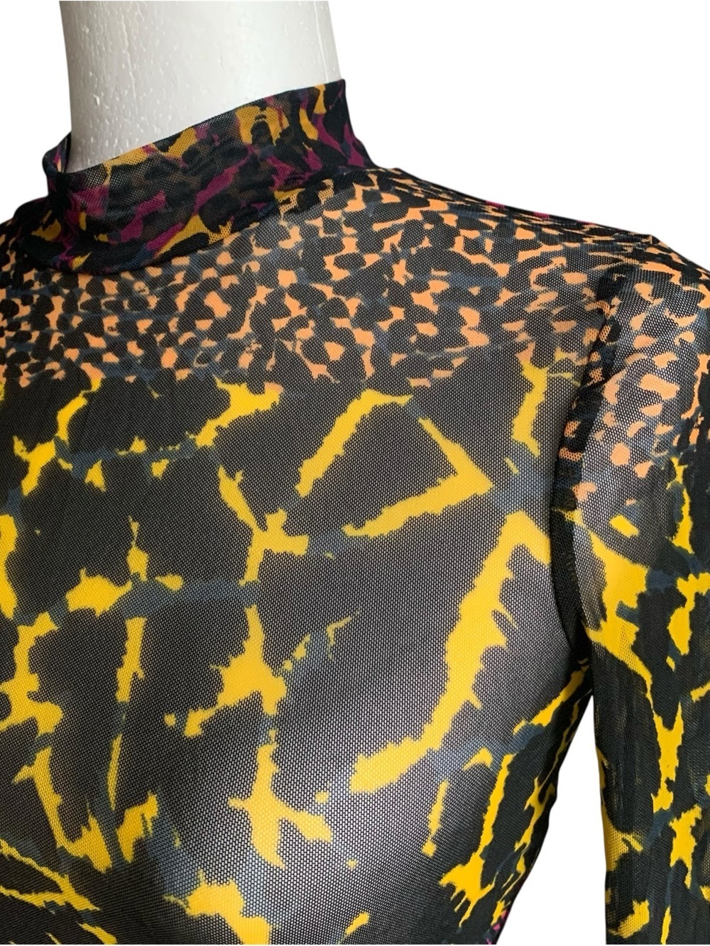 Guess Statement Top Sheer Mesh Mock Neck LS Abstract Animal Black Fuchsia Gold S - Picture 5 of 10